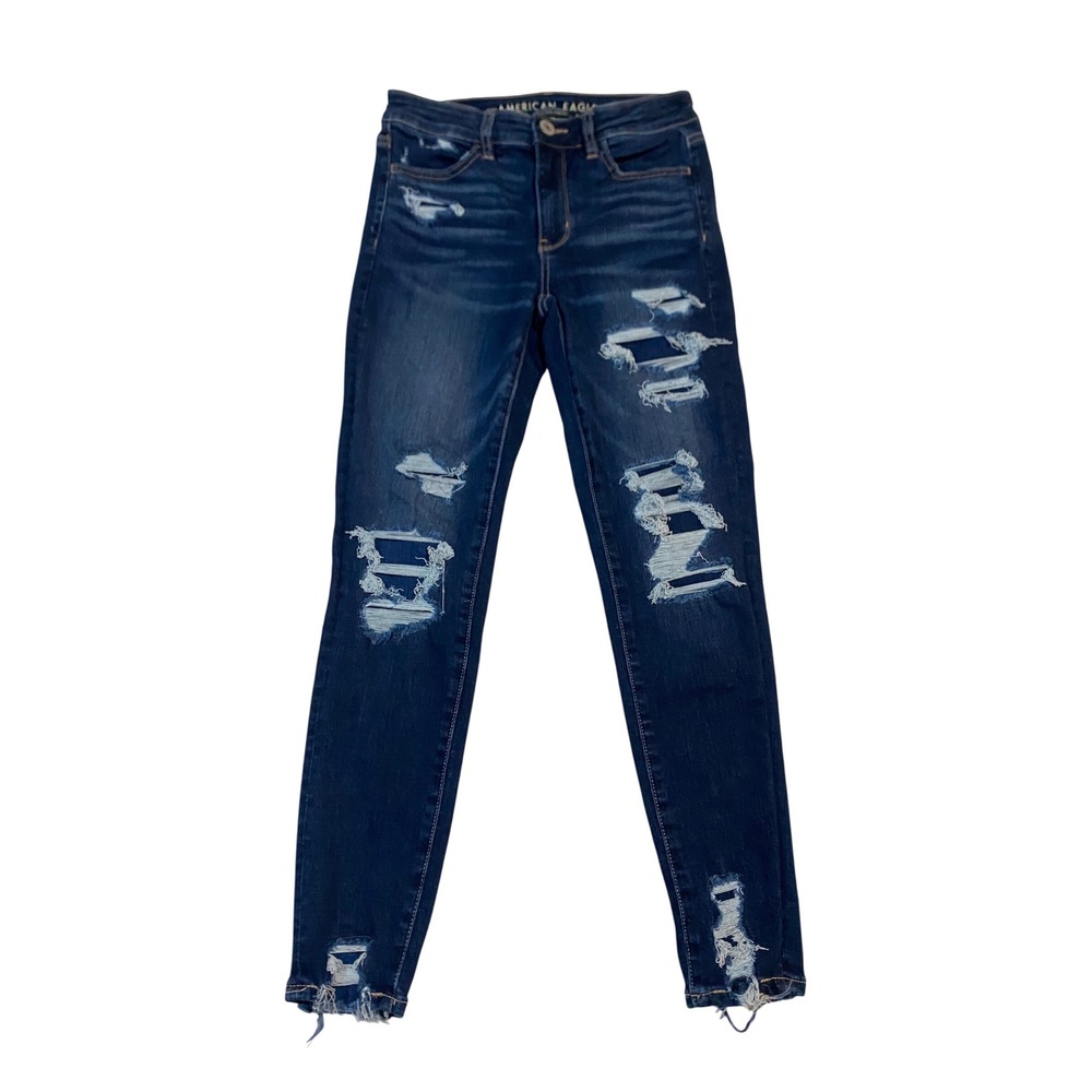 American Eagle Hi-Rise Jegging Crop Jeans Dark Wash Distressed Size 4 Regular